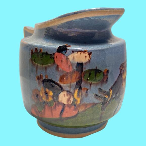 1940s Blue Tlaquepaque Mexican Folk Art Sugar & Creamer Hand Made And Decorated - Picture 4 of 12